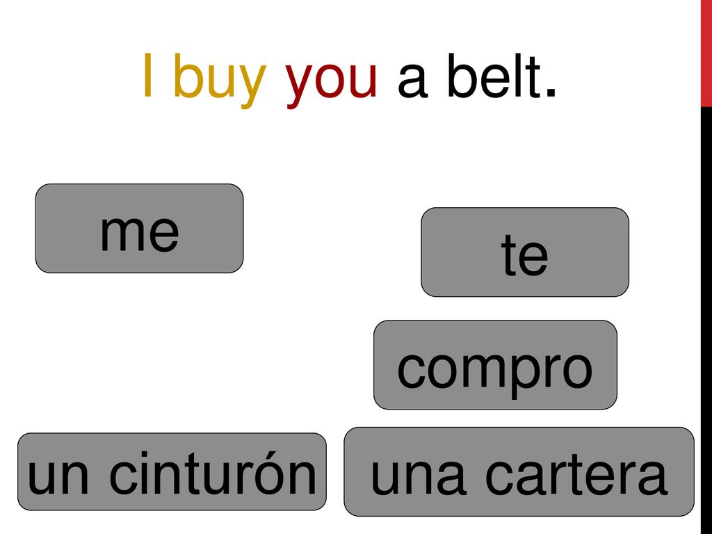I buy you a belt. me te compro una cartera un cinturón