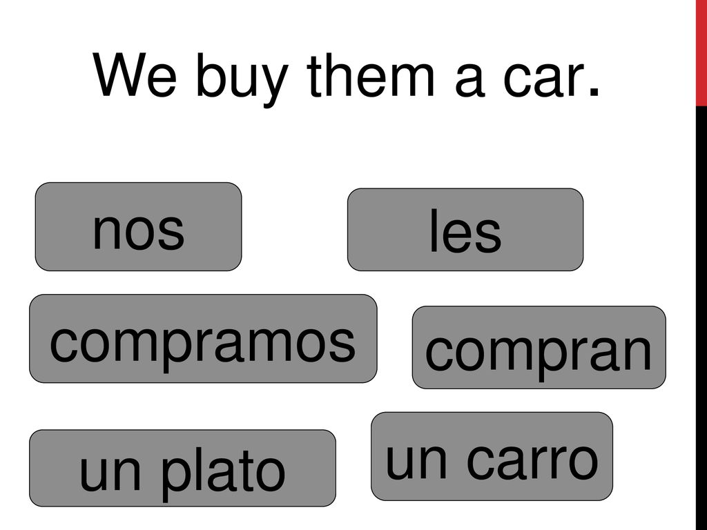We buy them a car. nos les compramos compran un carro un plato