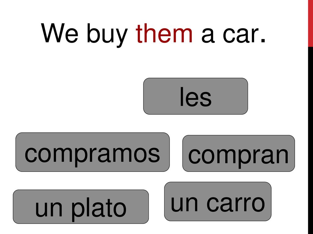 We buy them a car. les compramos compran un carro un plato