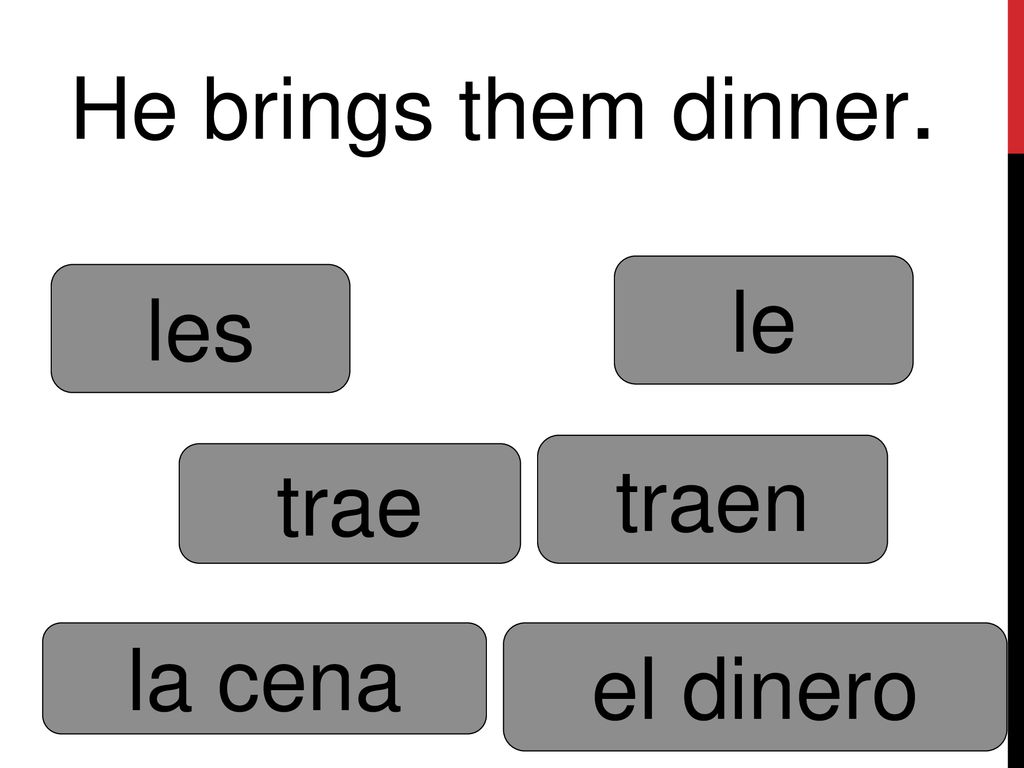 He brings them dinner. le les traen trae la cena el dinero