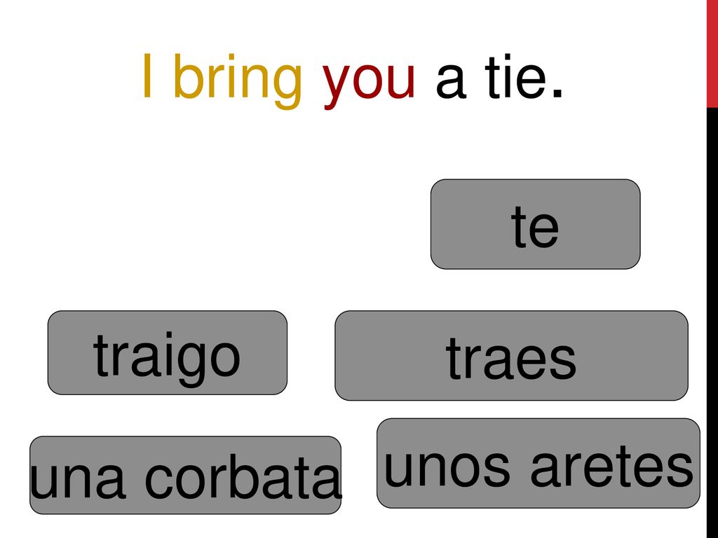 I bring you a tie. te traigo traes unos aretes una corbata