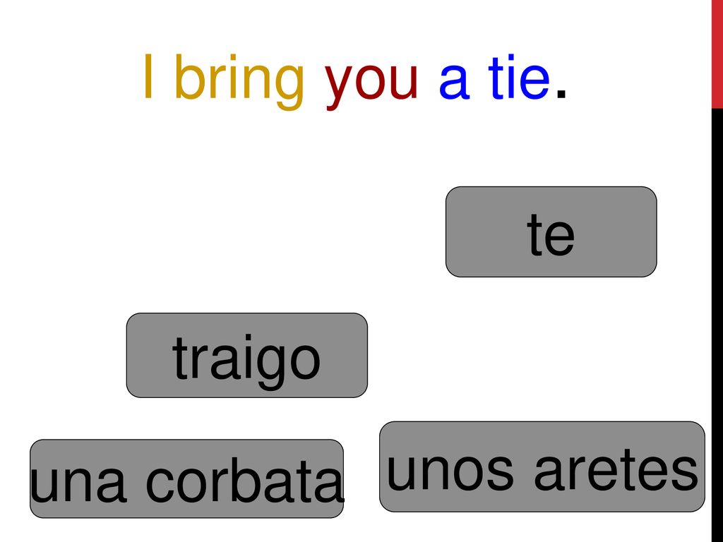 I bring you a tie. te traigo unos aretes una corbata