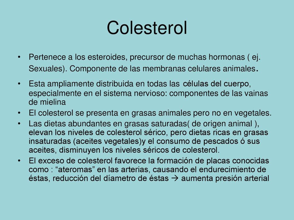 Colesterol Pertenece a los esteroides, precursor de muchas hormonas ( ej. Sexuales). Componente de las membranas celulares animales.