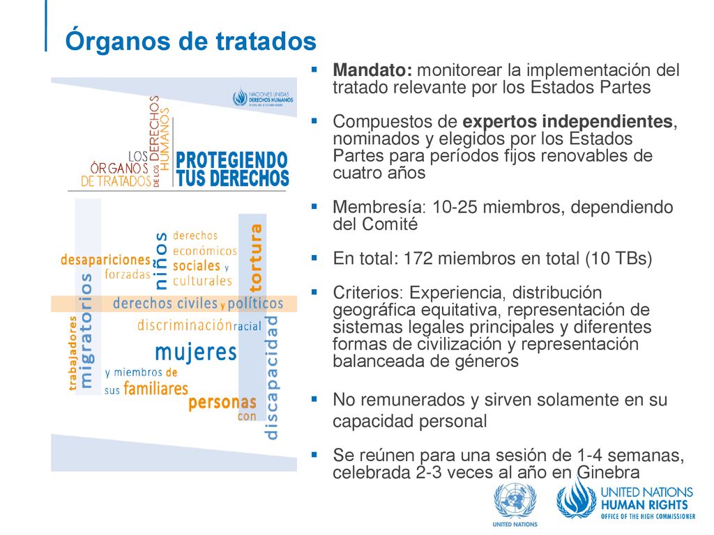 Órganos de tratados Mandato: monitorear la implementación del tratado relevante por los Estados Partes.