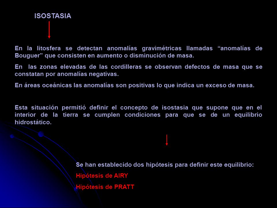 ISOSTASIA En la litosfera se detectan anomalías gravimétricas llamadas anomalías de Bouguer que consisten en aumento o disminución de masa.