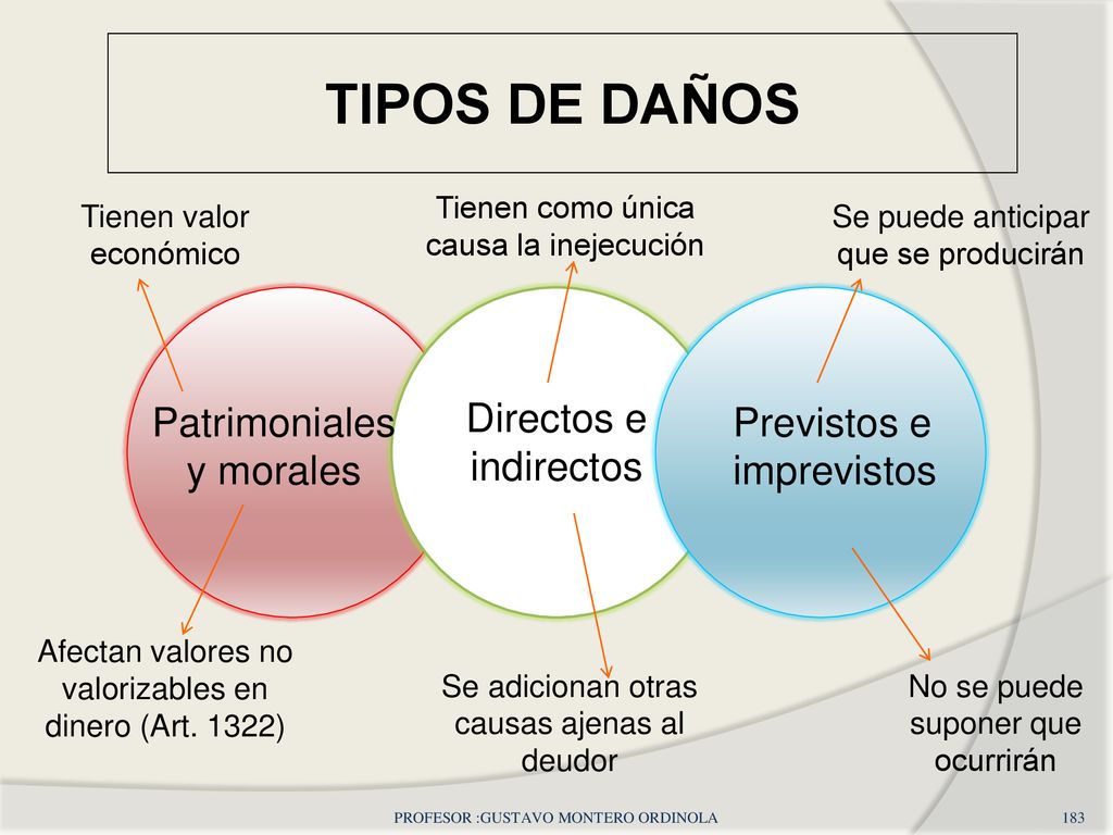 TIPOS DE DAÑOS Patrimoniales y morales Directos e indirectos