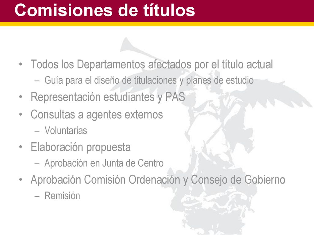 Comisiones de títulos Todos los Departamentos afectados por el título actual. Guía para el diseño de titulaciones y planes de estudio.
