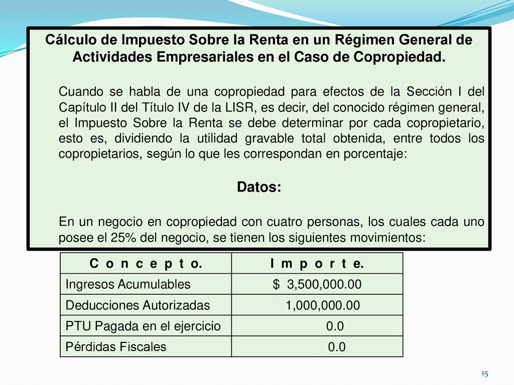 Cálculo de Impuesto Sobre la Renta en un Régimen General de Actividades Empresariales en el Caso de Copropiedad.