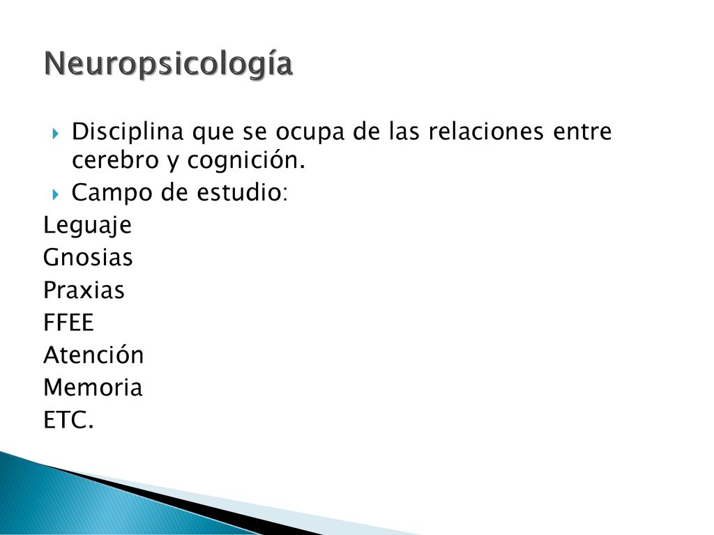 Neuropsicología Disciplina que se ocupa de las relaciones entre cerebro y cognición. Campo de estudio: