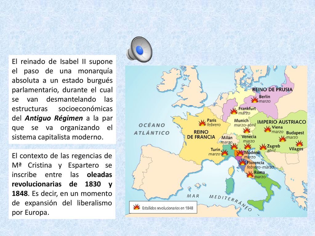 El reinado de Isabel II supone el paso de una monarquía absoluta a un estado burgués parlamentario, durante el cual se van desmantelando las estructuras socioeconómicas del Antiguo Régimen a la par que se va organizando el sistema capitalista moderno.