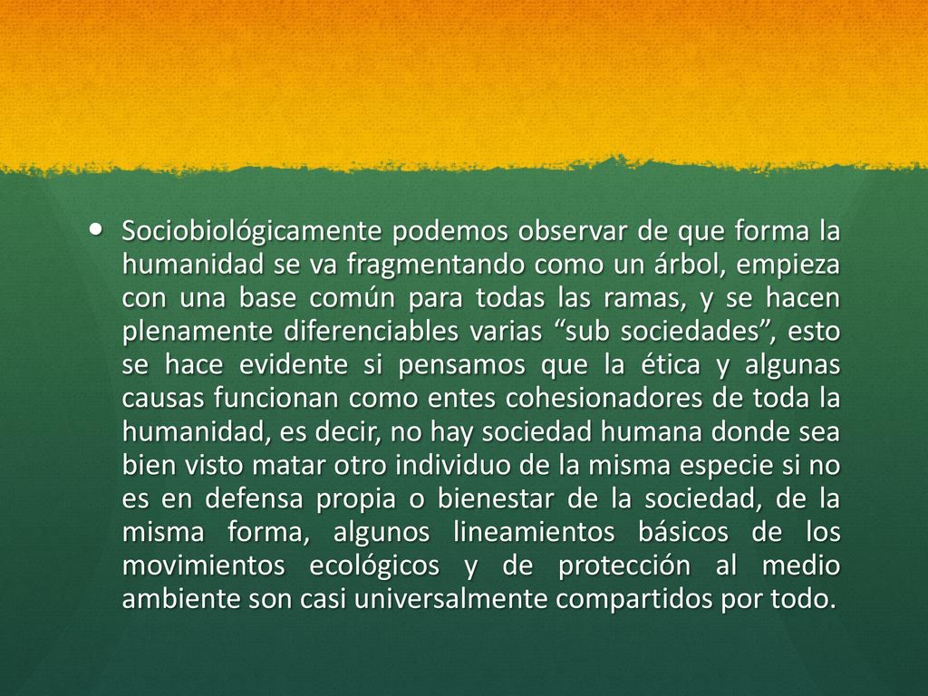 Sociobiológicamente podemos observar de que forma la humanidad se va fragmentando como un árbol, empieza con una base común para todas las ramas, y se hacen plenamente diferenciables varias sub sociedades , esto se hace evidente si pensamos que la ética y algunas causas funcionan como entes cohesionadores de toda la humanidad, es decir, no hay sociedad humana donde sea bien visto matar otro individuo de la misma especie si no es en defensa propia o bienestar de la sociedad, de la misma forma, algunos lineamientos básicos de los movimientos ecológicos y de protección al medio ambiente son casi universalmente compartidos por todo.