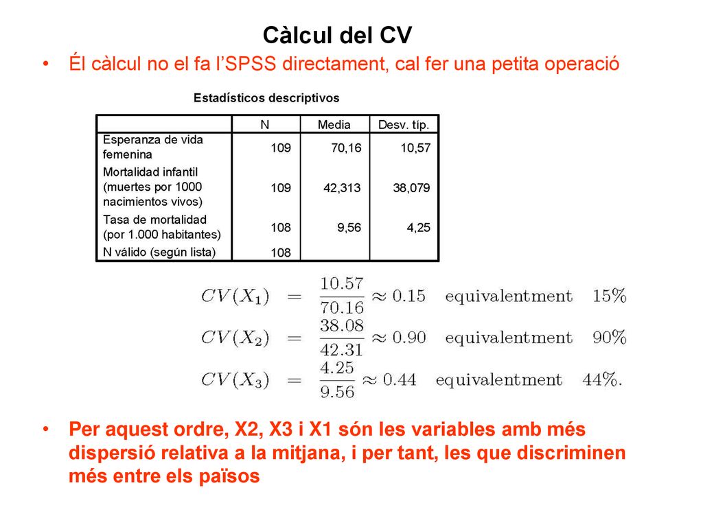 Càlcul del CV Él càlcul no el fa l’SPSS directament, cal fer una petita operació.