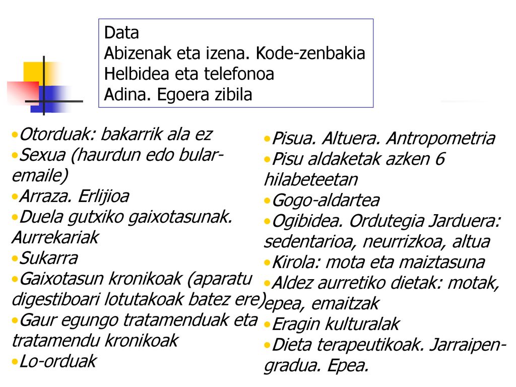 Data Abizenak eta izena. Kode-zenbakia. Helbidea eta telefonoa. Adina. Egoera zibila. Otorduak: bakarrik ala ez.