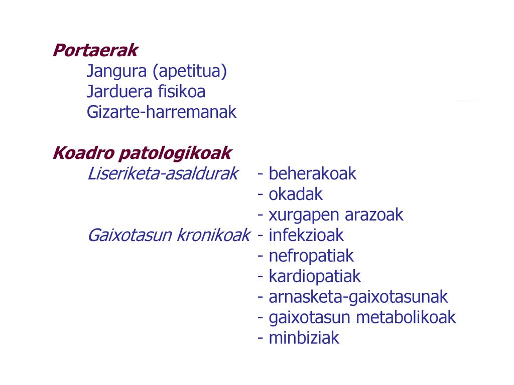 Portaerak Jangura (apetitua) Jarduera fisikoa. Gizarte-harremanak. Koadro patologikoak. Liseriketa-asaldurak - beherakoak.