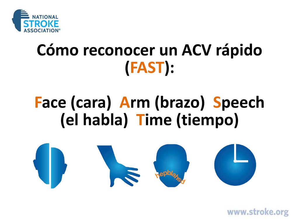 Cómo reconocer un ACV rápido (FAST): Face (cara) Arm (brazo) Speech (el habla) Time (tiempo)
