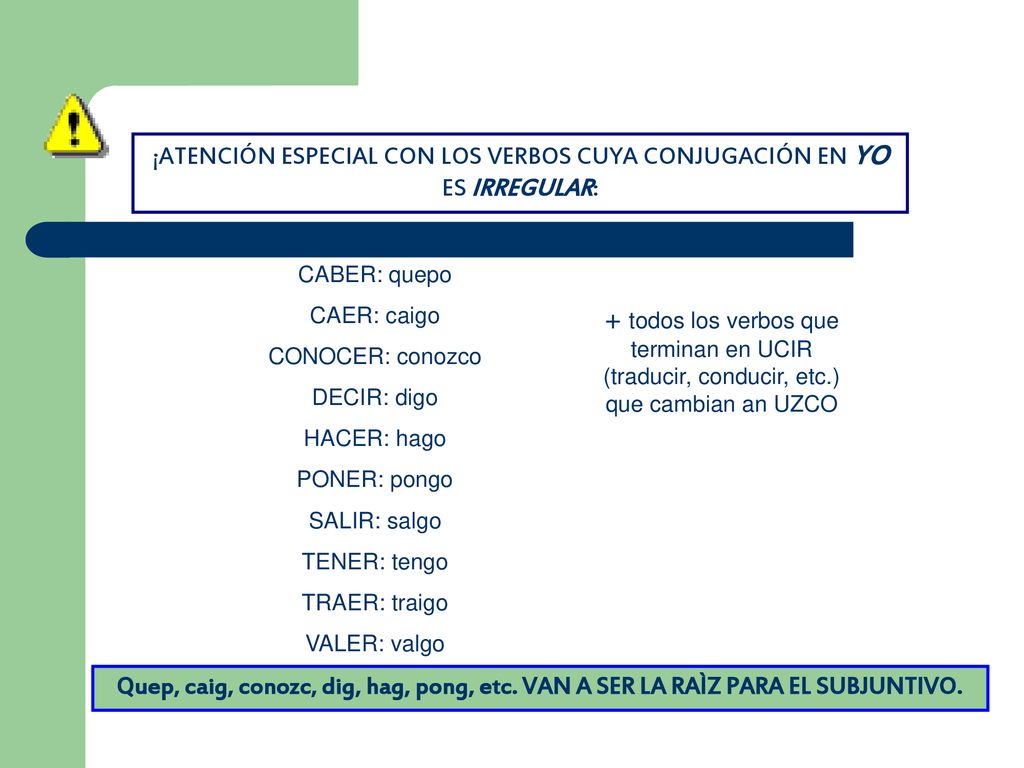 ¡ATENCIÓN ESPECIAL CON LOS VERBOS CUYA CONJUGACIÓN EN YO ES IRREGULAR:
