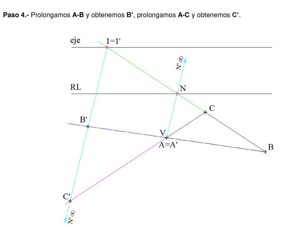 Paso 4.- Prolongamos A-B y obtenemos B’, prolongamos A-C y obtenemos C’.