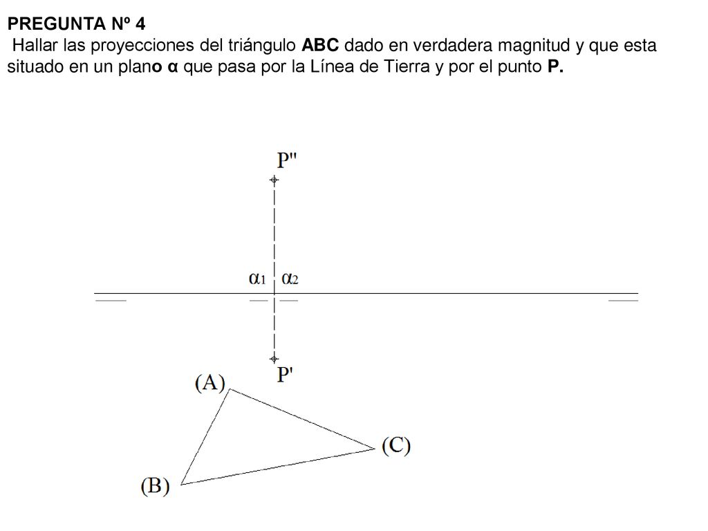 PREGUNTA Nº 4 Hallar las proyecciones del triángulo ABC dado en verdadera magnitud y que esta situado en un plano α que pasa por la Línea de Tierra y por el punto P.