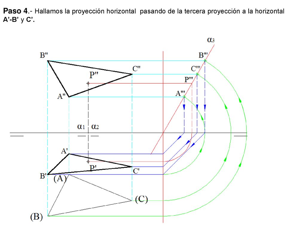 Paso 4.- Hallamos la proyección horizontal pasando de la tercera proyección a la horizontal A’-B’ y C’.