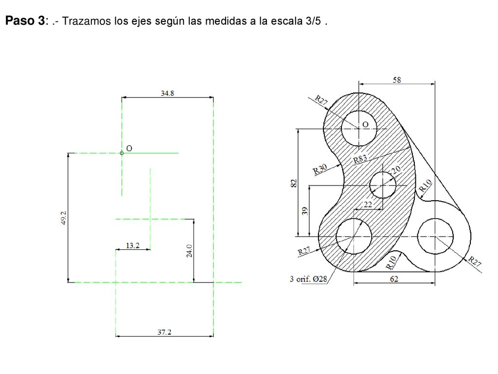 Paso 3: .- Trazamos los ejes según las medidas a la escala 3/5 .