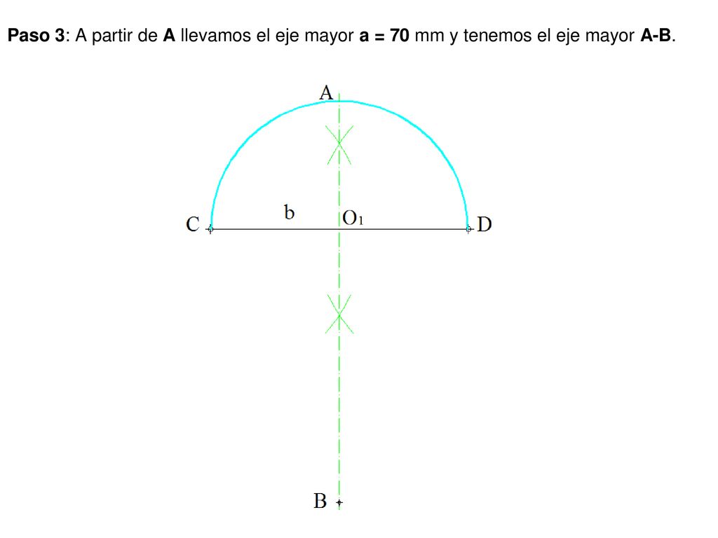 Paso 3: A partir de A llevamos el eje mayor a = 70 mm y tenemos el eje mayor A-B.