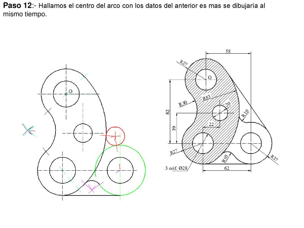 Paso 12:- Hallamos el centro del arco con los datos del anterior es mas se dibujaría al mismo tiempo.