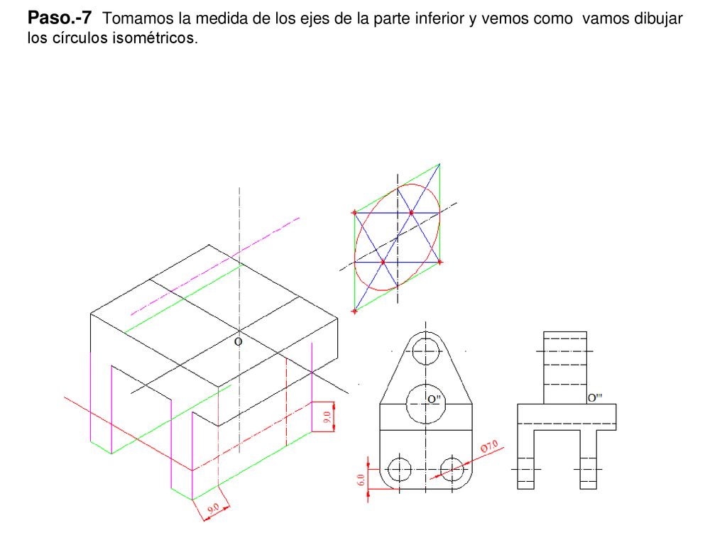 Paso.-7 Tomamos la medida de los ejes de la parte inferior y vemos como vamos dibujar los círculos isométricos.
