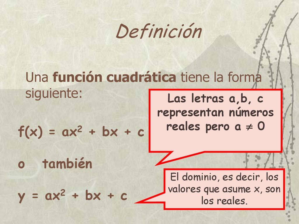 Las letras a,b, c representan números reales pero a  0