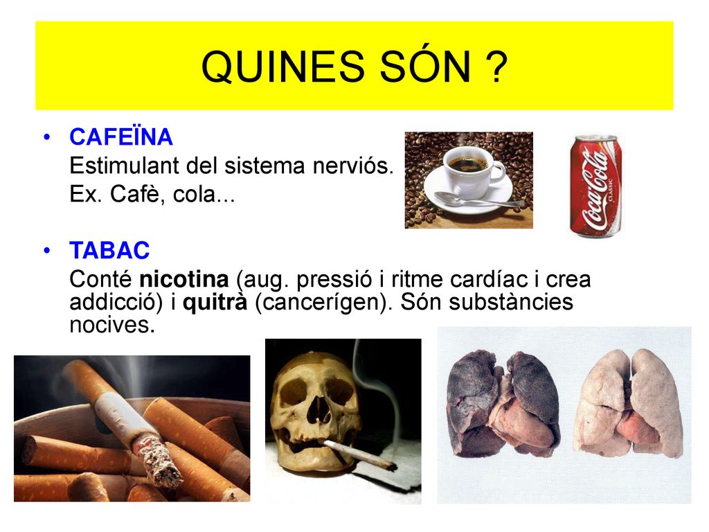 QUINES SÓN CAFEÏNA Estimulant del sistema nerviós. Ex. Cafè, cola...