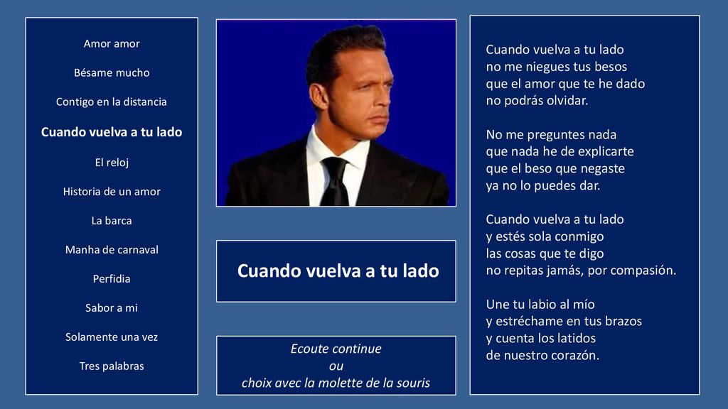 Amor amor Bésame mucho. Contigo en la distancia. Cuando vuelva a tu lado. El reloj. Historia de un amor.