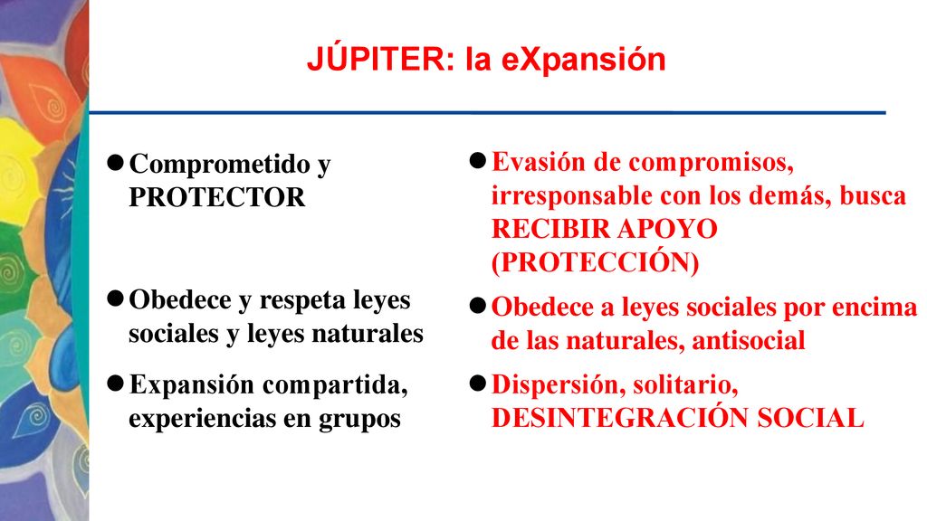JÚPITER: la eXpansión Evasión de compromisos, irresponsable con los demás, busca RECIBIR APOYO (PROTECCIÓN)
