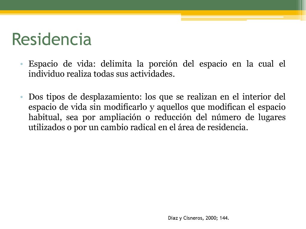 Residencia Espacio de vida: delimita la porción del espacio en la cual el individuo realiza todas sus actividades.