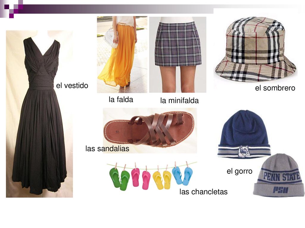 el vestido el sombrero la falda la minifalda las sandalias el gorro las chancletas