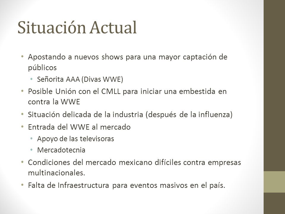 Situación Actual Apostando a nuevos shows para una mayor captación de públicos. Señorita AAA (Divas WWE)