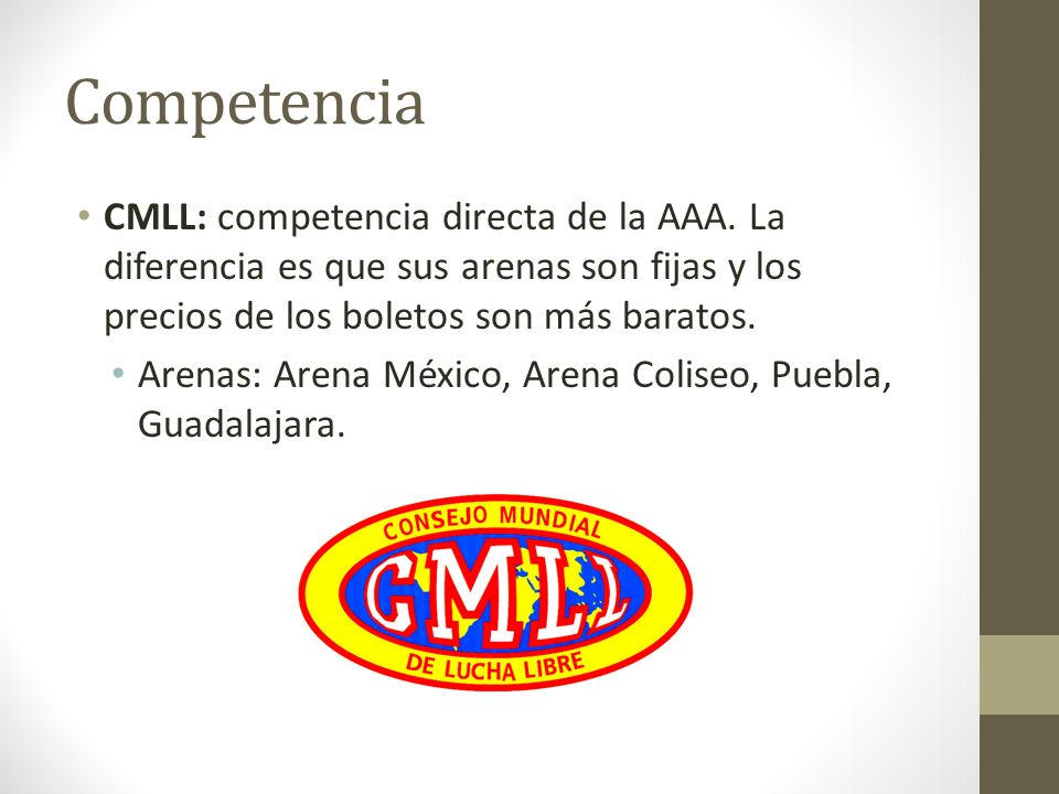 Competencia CMLL: competencia directa de la AAA. La diferencia es que sus arenas son fijas y los precios de los boletos son más baratos.