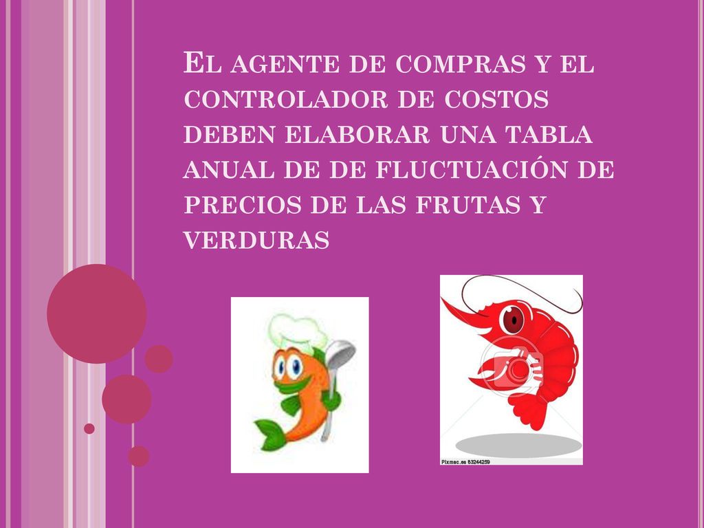 El agente de compras y el controlador de costos deben elaborar una tabla anual de de fluctuación de precios de las frutas y verduras
