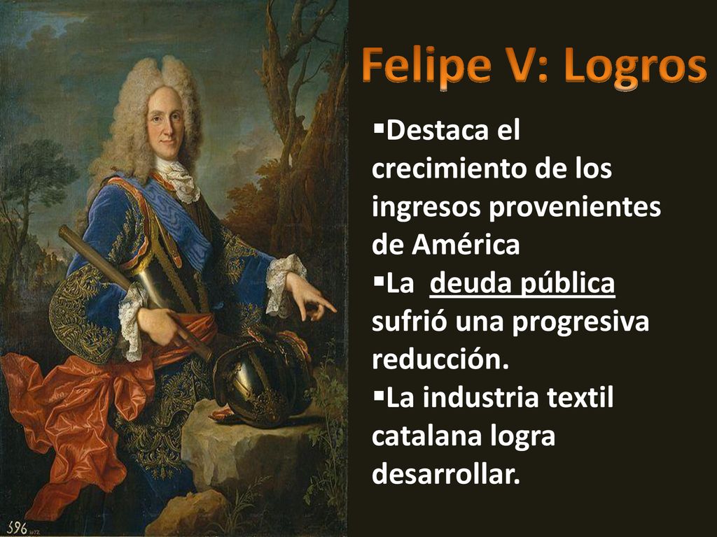 Felipe V: Logros Destaca el crecimiento de los ingresos provenientes de América. La deuda pública sufrió una progresiva reducción.
