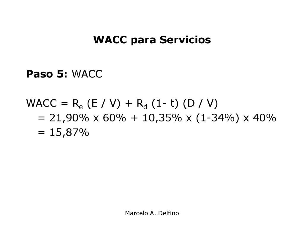 WACC = Re (E / V) + Rd (1- t) (D / V)