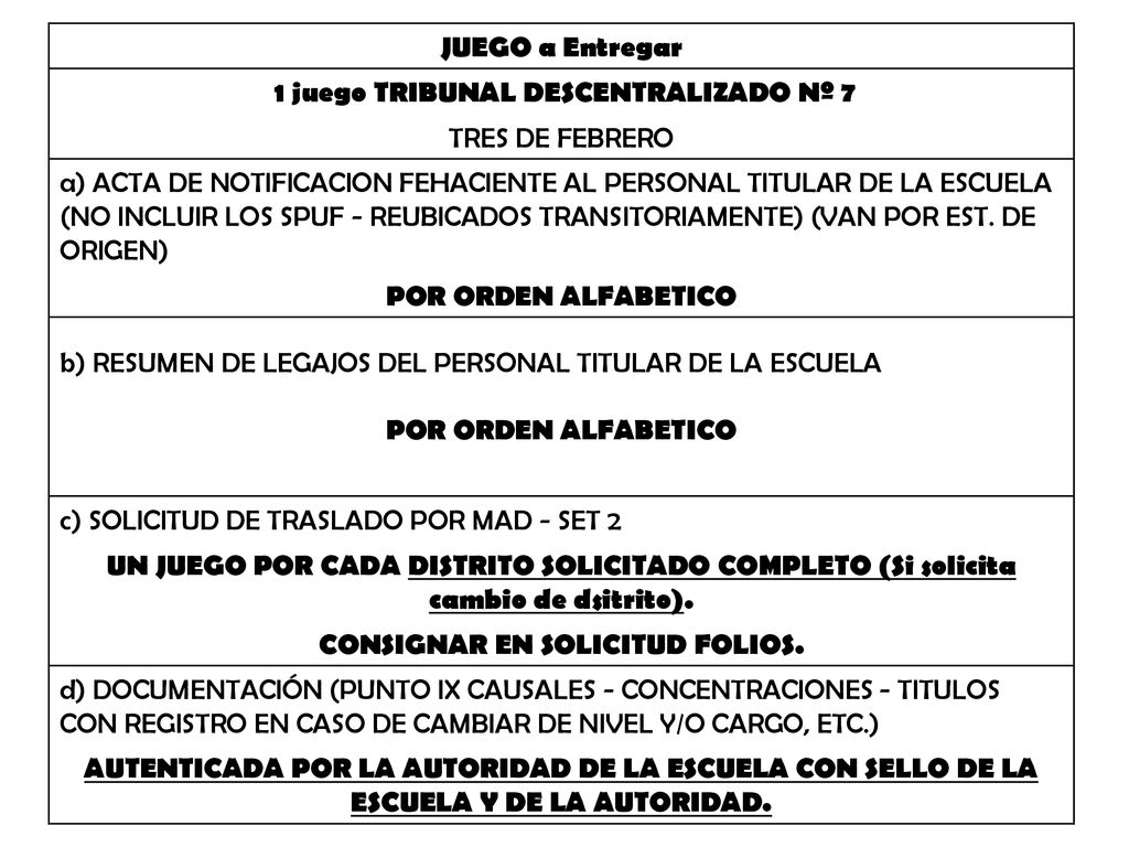 1 juego TRIBUNAL DESCENTRALIZADO Nº 7 CONSIGNAR EN SOLICITUD FOLIOS.