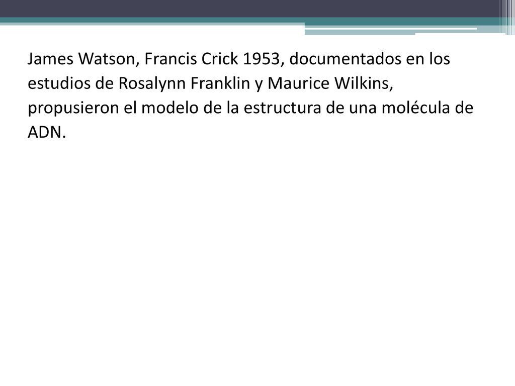 James Watson, Francis Crick 1953, documentados en los estudios de Rosalynn Franklin y Maurice Wilkins, propusieron el modelo de la estructura de una molécula de ADN.