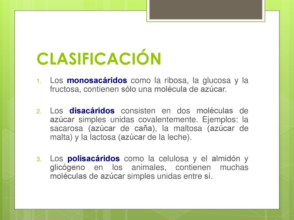 CLASIFICACIÓN Los monosacáridos como la ribosa, la glucosa y la fructosa, contienen sólo una molécula de azúcar.