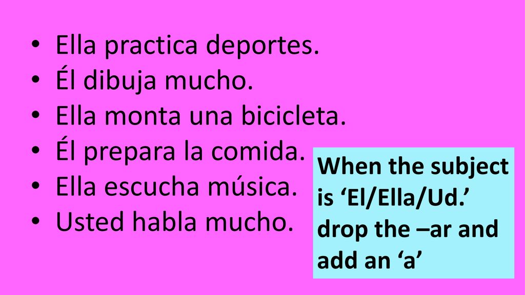 Ella practica deportes. Él dibuja mucho. Ella monta una bicicleta.