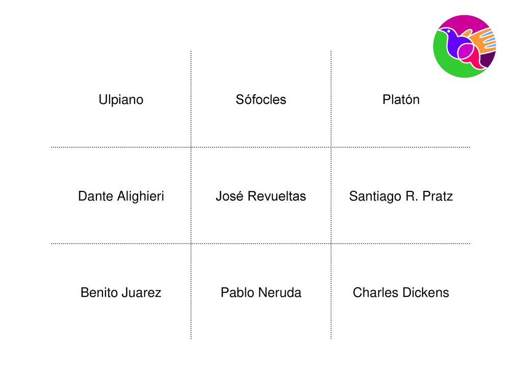 Ulpiano Sófocles. Platón. Dante Alighieri. José Revueltas. Santiago R. Pratz. Benito Juarez. Pablo Neruda.