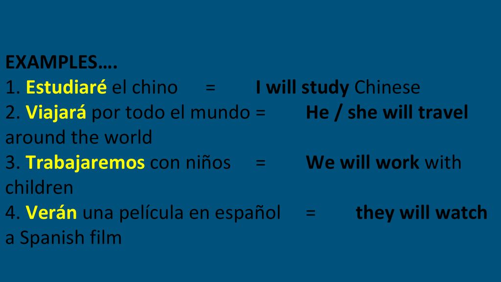 EXAMPLES…. 1. Estudiaré el chino = I will study Chinese. 2. Viajará por todo el mundo = He / she will travel around the world.