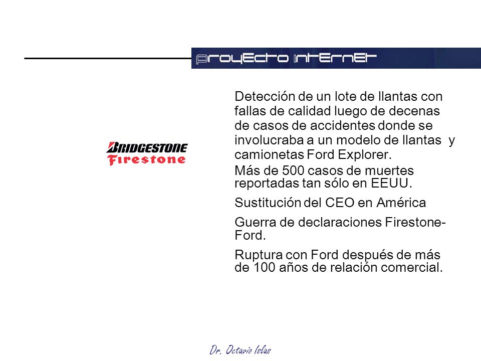 Detección de un lote de llantas con fallas de calidad luego de decenas de casos de accidentes donde se involucraba a un modelo de llantas y camionetas Ford Explorer.