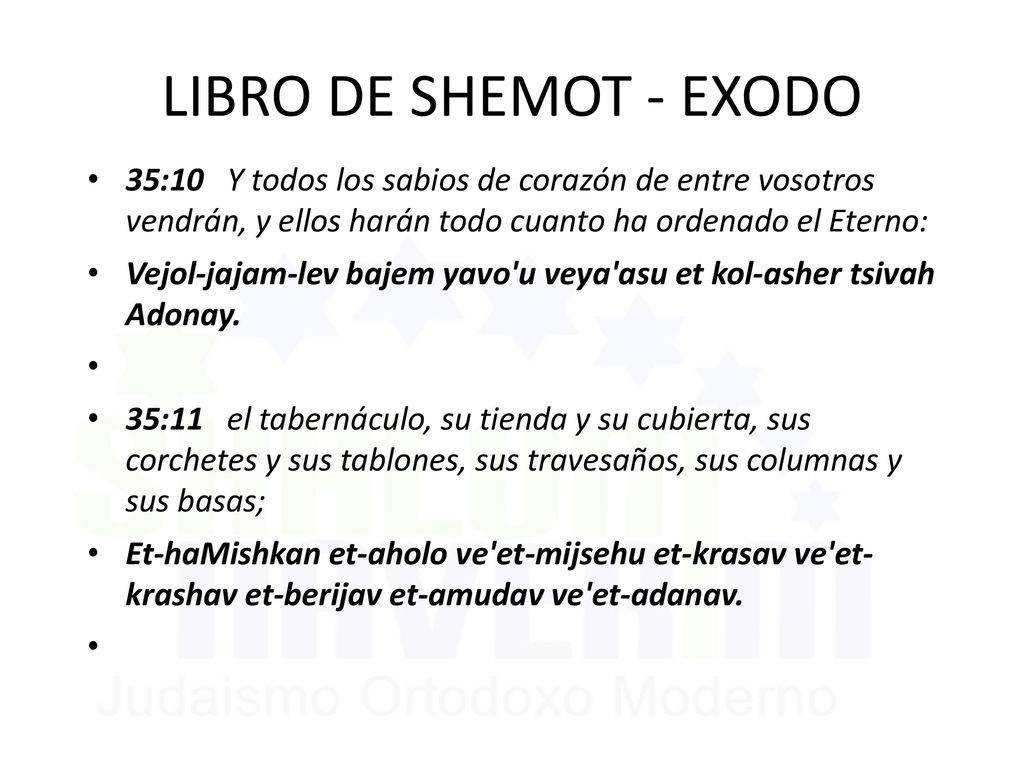 LIBRO DE SHEMOT - EXODO 35:10 Y todos los sabios de corazón de entre vosotros vendrán, y ellos harán todo cuanto ha ordenado el Eterno: