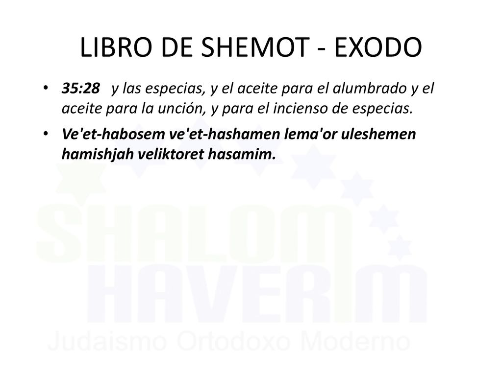 LIBRO DE SHEMOT - EXODO 35:28 y las especias, y el aceite para el alumbrado y el aceite para la unción, y para el incienso de especias.