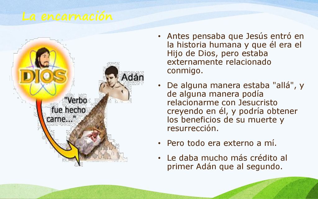 La encarnación Antes pensaba que Jesús entró en la historia humana y que él era el Hijo de Dios, pero estaba externamente relacionado conmigo.
