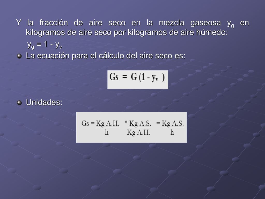 Y la fracción de aire seco en la mezcla gaseosa yg en kilogramos de aire seco por kilogramos de aire húmedo: