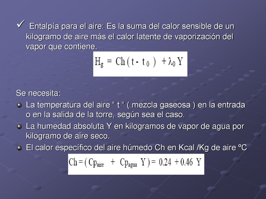 Entalpía para el aire: Es la suma del calor sensible de un kilogramo de aire más el calor latente de vaporización del vapor que contiene.